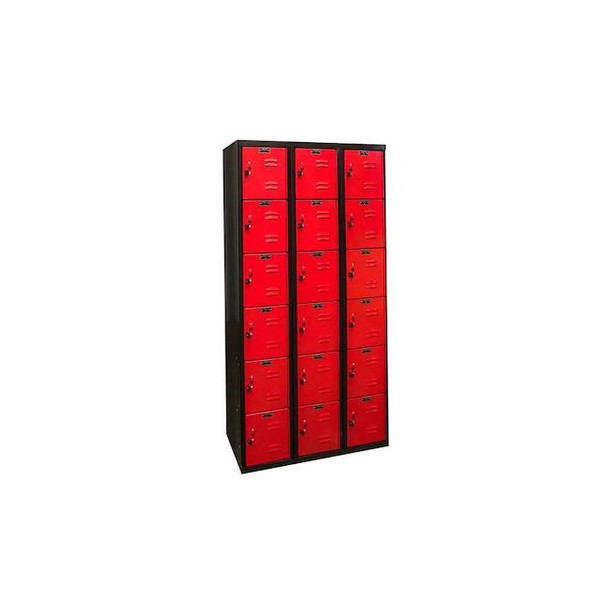 Box Locker, 36 in W, 18 in D, 72 in H, (3) Wide, (6) Tier, Red/Black