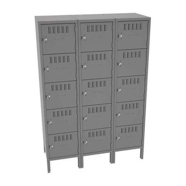 Box Locker, 45 in W, 18 in D, 66 in H, (3) Wide, (5) Tier, Gray