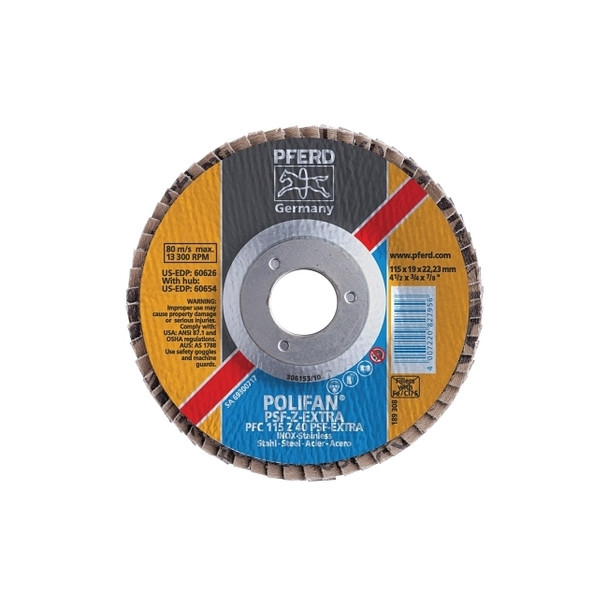 POLIFAN PSF-EXTRA Flap Discs, 4 1/2 in, 40 Grit, 7/8 in Arbor, 13,300 rpm