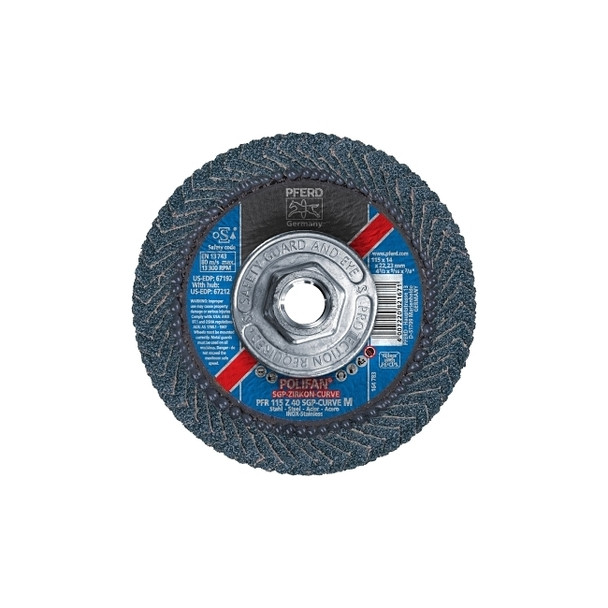 POLIFAN® SGP Zircon-Curve Radial Type PFR Flap Disc, 4-1/2 in x 9/16 in, 40 Grit, 5/8 in to 11 Arbor, 13,300 RPM