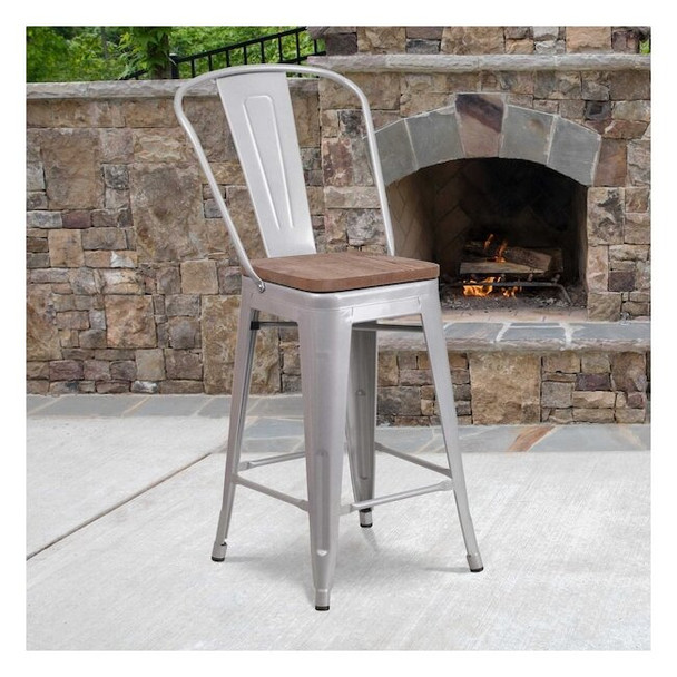 Flash Furniture Silver Metal Counter Stool,24", PK4 4-CH-31320-24GB-SIL-WD-GG