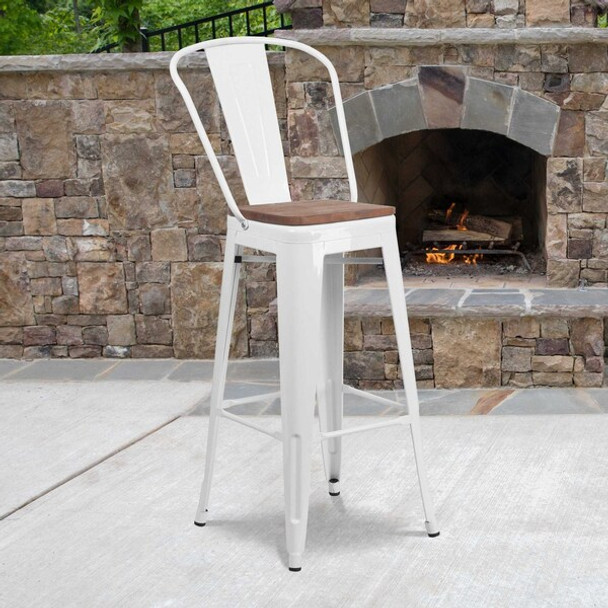 White Metal Barstool with Back and Wood Seat,30" High,PK4