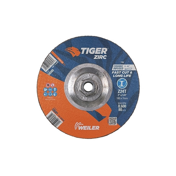 Tiger® Grinding Wheel, 7 in dia x 1/4 in Thick x 5/8 in-11 Arbor, 24 Grit, Zirconia Alumina/Ceramic, Type 28, 10 EA/BX Pack of 10