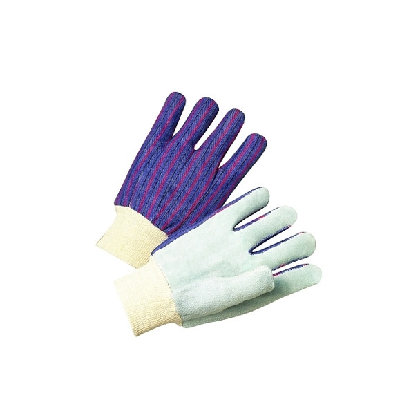 Leather Palm Knit Wrist Cotton Gloves, Men's, Cowhide, Pearl Gray, Striped Back Pack of 12