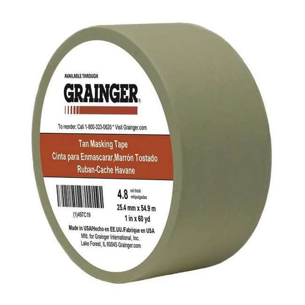 Masking Tape, 1 in W x 60 yd L, 4.8 mil Thick, Tan, Rubber Adhesive