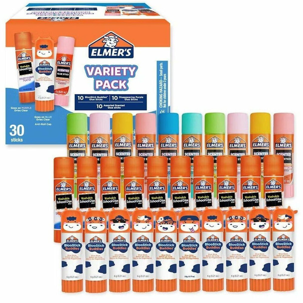 Elmers Glue Sticks Variety Pack - Blue, Purple, Clear - 30 / Box