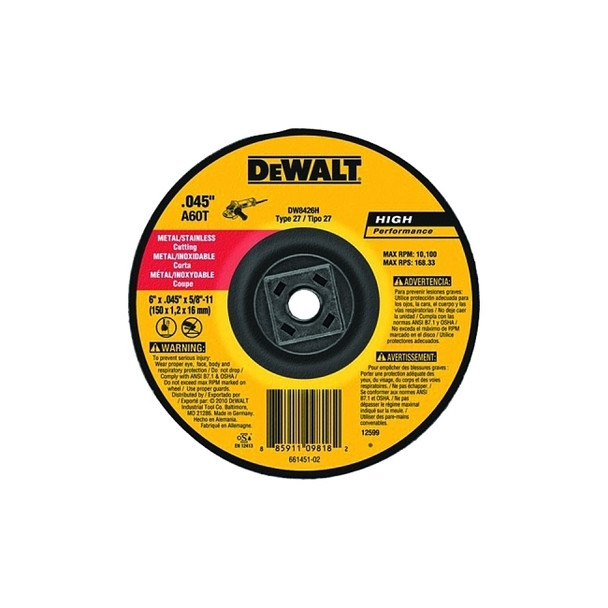 High Performance™ Cutting Wheel, Type 27, 6 in dia x 0.045 in Thick x 5/8 in-11 Arbor, 60 Grit, Aluminum Oxide Pack of 10