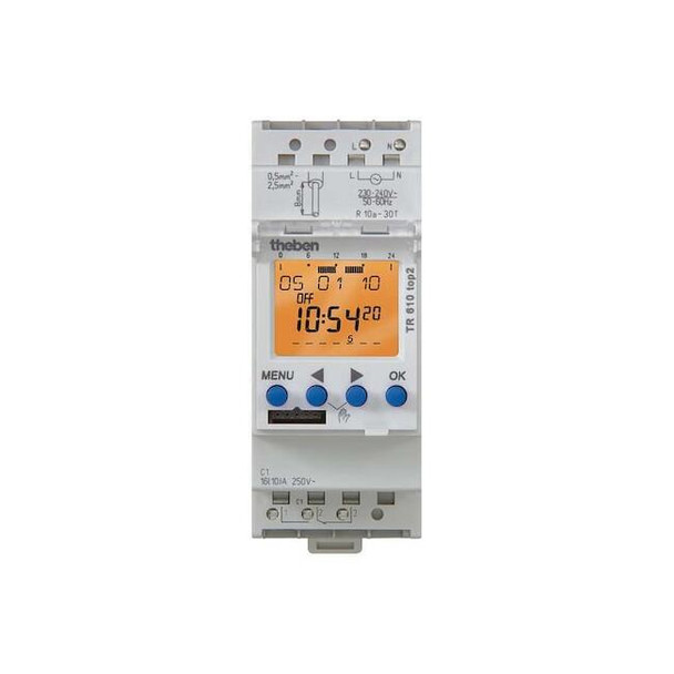 Theben Electr. Timer,Din Rail,24Hr/7D,1 Chn. TR-610-TOP-2-12/24V