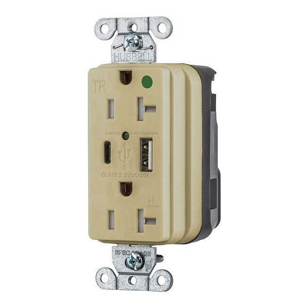 Hubbell USBReceptacle,20A,1/2hp,Ivory,Thrmplstc SNAP8300UACI