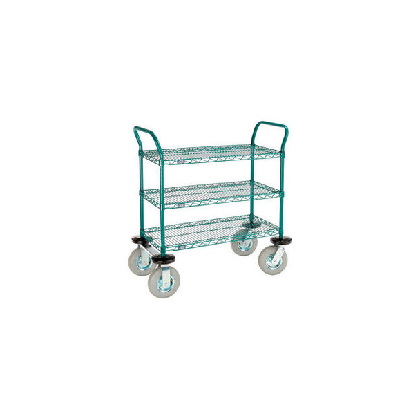 Nexel 3 Shelf Utility Cart Poly-Green 36""Wx18""Dx 42""H Pneumatic Casters2 Swiv