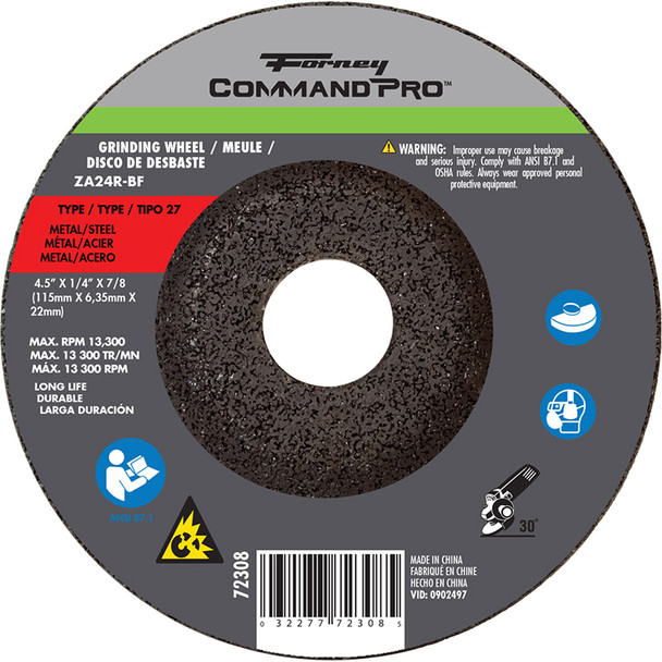 GrindingWheel,Metal,Type 27, 4-1/2"x 1/4"x 7/8" 72308