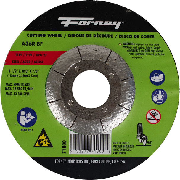 Cut-Off Wheel,Metal,Type 27, 4-1/2"x .090"x 7/8" 71800