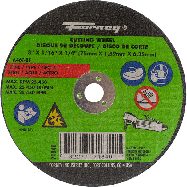 Cut-Off Wheel, Metal, Type 1, 3" x 1/16" x 1/4" 71840