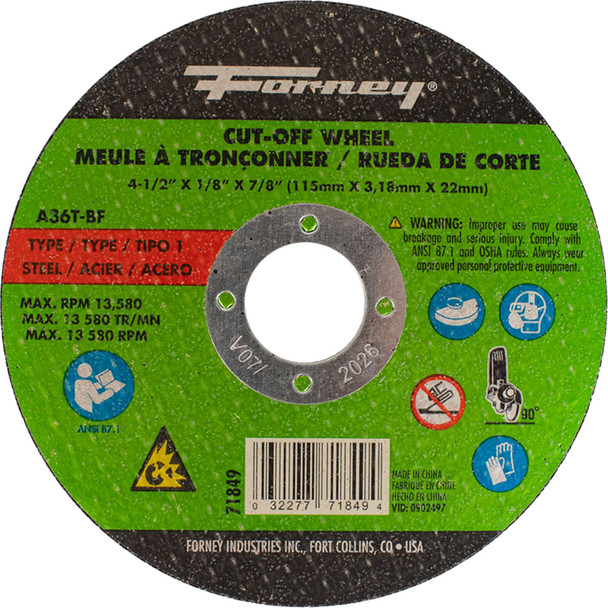 Cut-Off Wheel,Metal,Type 1, 4-1/2"x 1/8"x 7/8" 71849