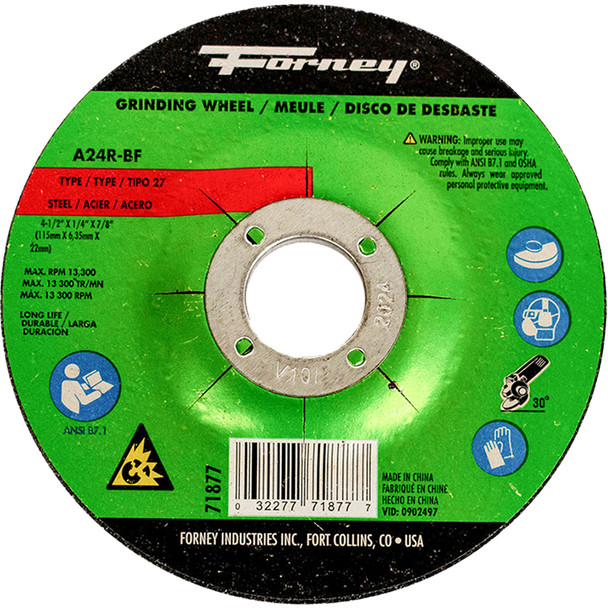 Grinding Wheel,Metal,Type 27, 4-1/2"x 1/4"x 7/8" 71877