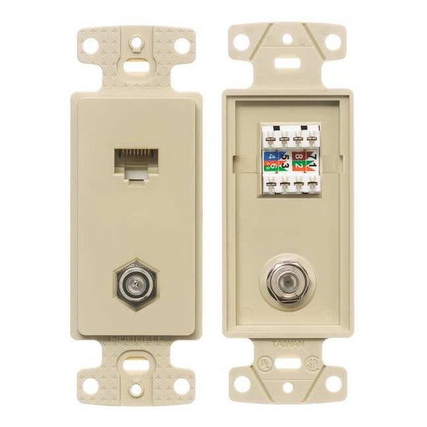 Hubbell Wiring Device-Kellems Wall Plate and Jack,Cat 5e/F-Type,Ivory NS785I