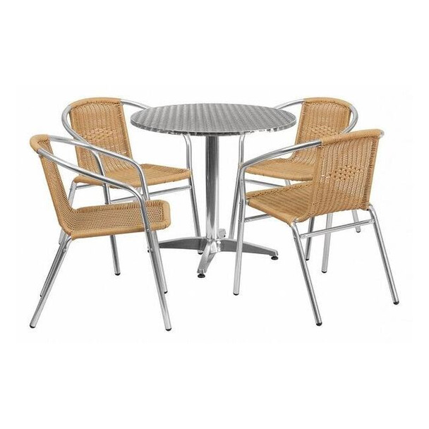 Round Table Set, Aluminum, Plastic, Rattan, Stainless Steel, Grey