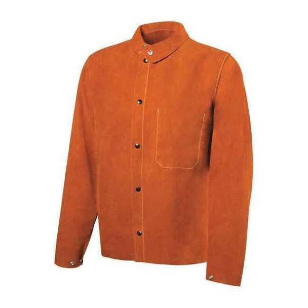 Welding Jacket, Cowhide, 3 oz, 30 in Length, Snaps Closure, 2 Pockets, Brown, L