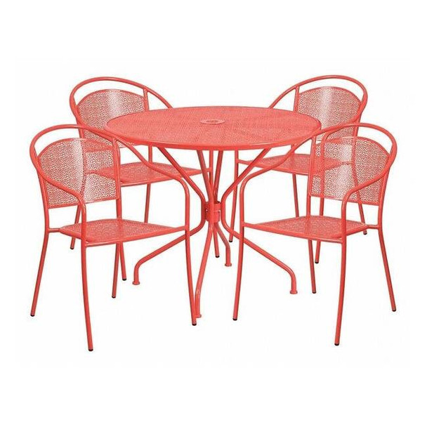 35.25" Round Coral Steel Table Set with 4 Chairs