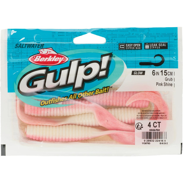 Berkley Gulp! 6 In. Pink Shine Saltwater Grub (4-Pack) GSG6-PSH