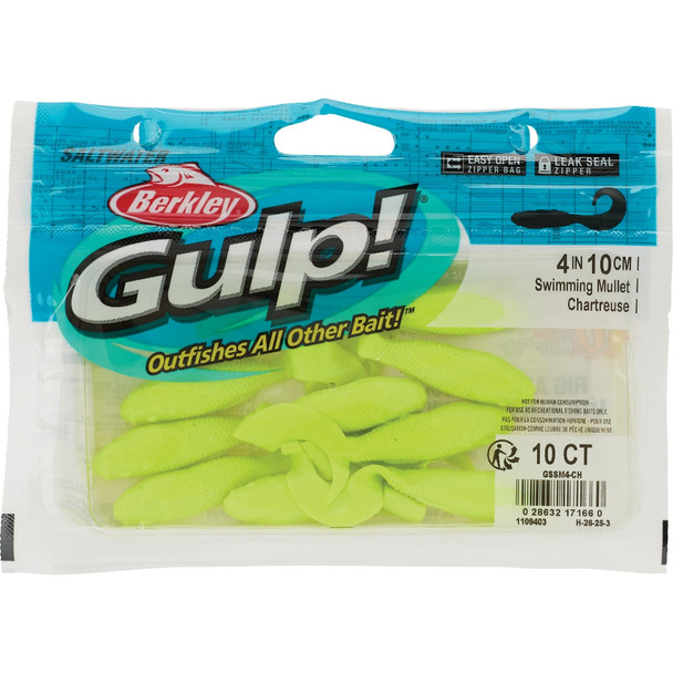 Berkley Gulp! Chartreuse Saltwater Swimming Mullet Fishing Lure GSSM4-CH