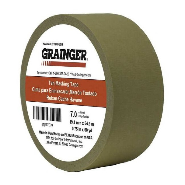 Masking Tape, 3/4 in W x 60 yd L, 7 mil Thick, Tan, Rubber Adhesive