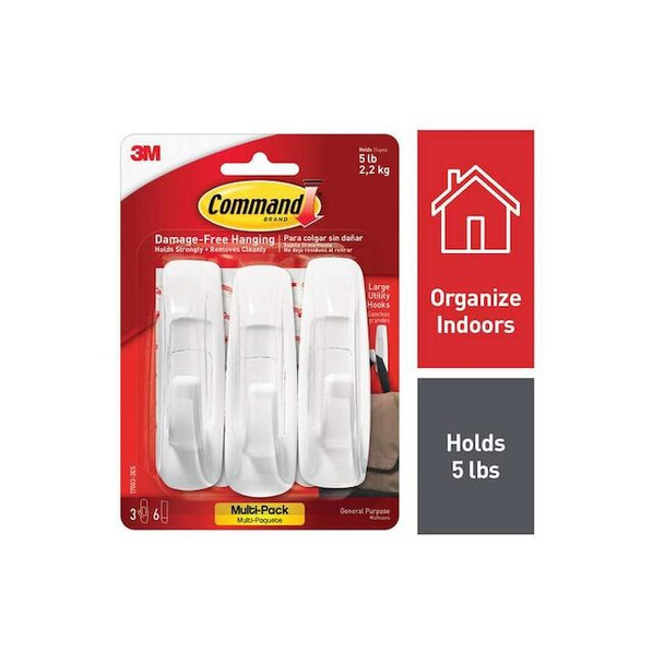 Command Utility Hook,White,Plastic,7/8 in D,3/Pack 17003-3ES Pack of 12