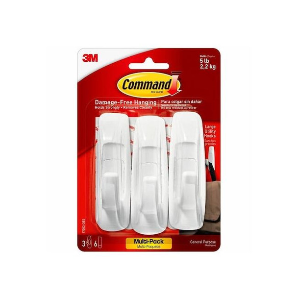 Command Utility Hook,White,Plastic,7/8 in D,3/Pack 17003-3ES Pack of 12