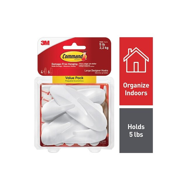 Command Hook Set, White, Plastic, 1 3/8 in D 17083-4ES Pack of 6