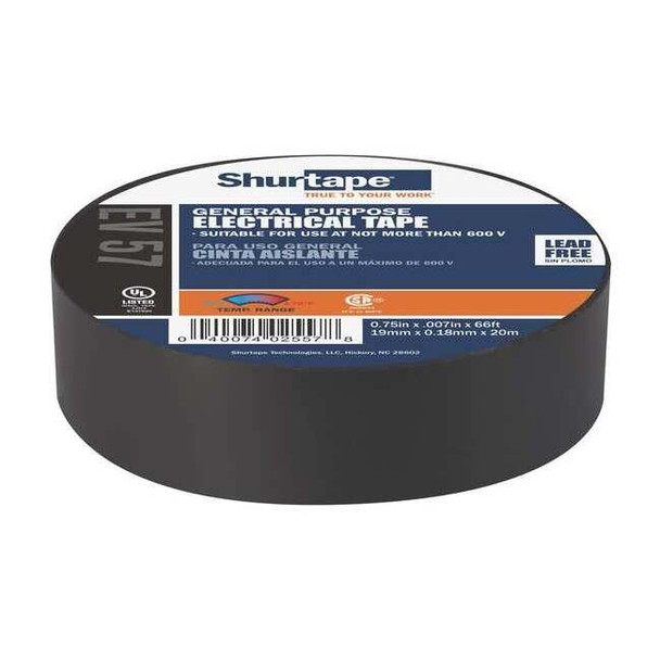 Vinyl Electrical Tape, 3/4 in W x 66 ft L, 7 mil thick, Black Pack of 10