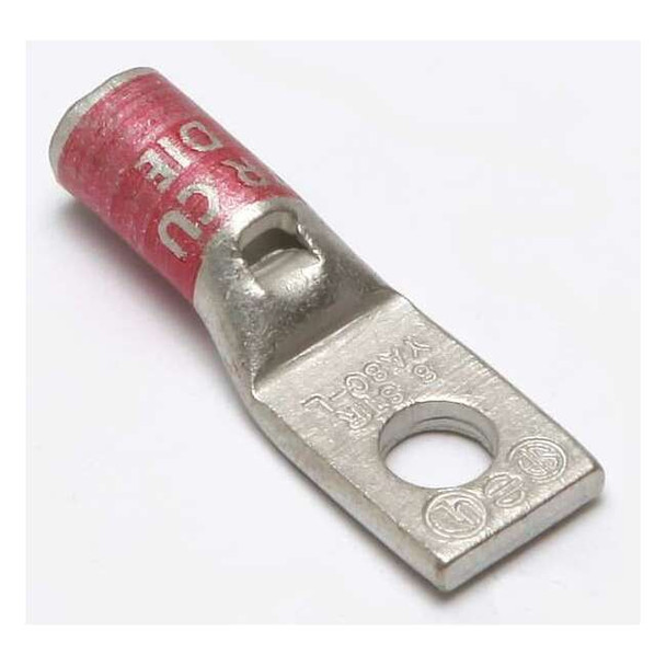 One-Hole Compression Lug, 8 AWG Max, 1/4 in Stud, Standard Barrel, Copper, Red