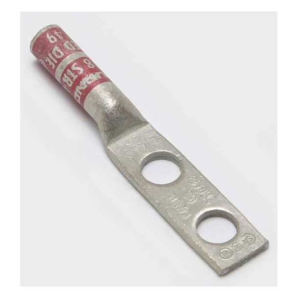 Two-Hole Compression Lug, 8 AWG Max, 1/4 in Stud, Long Barrel, Copper, Red
