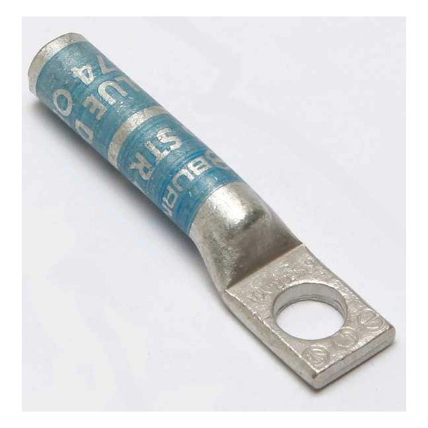 One-Hole Compression Lug, 6 AWG Max, 1/4 in Stud, Long Barrel, Copper, Blue