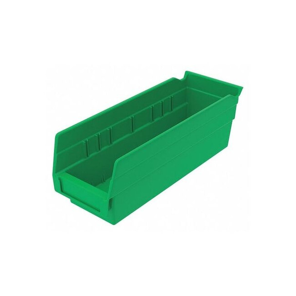 Shelf Storage Bin, Plastic, Green, 4 in H, 4 1/8 in W, 11 5/8 in L