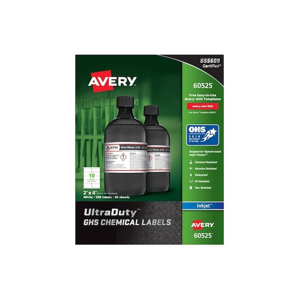 2" x 4" GHS Chemical Labels for Inkjet Printers, 500 labels/50-sheets Pack of 5