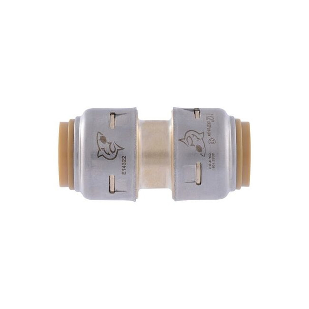 Sharkbite Fitting, Straight, Brass, Push-Fit 1/2 in, Push-Fit 1/2 in UR008