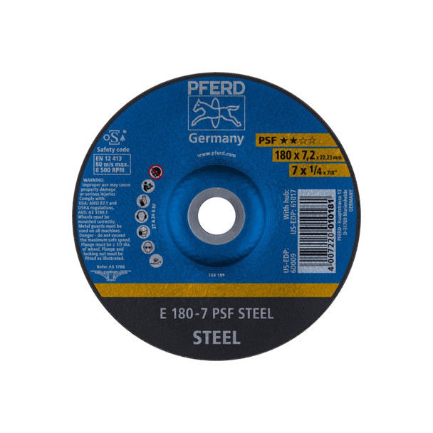 Pferd 7" x 1/4 Grinding Wheel, 7/8" A.H. - PSF STEEL - Type 27 60009 Pack of 10