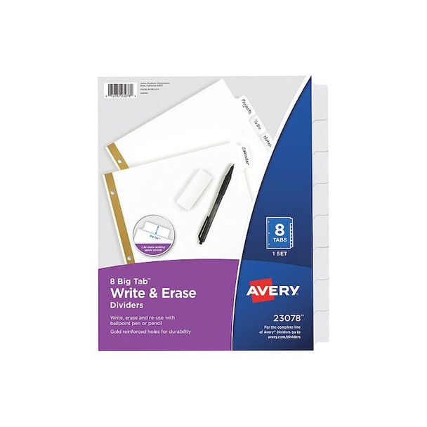 Avery Big Tab Write & Erase Dividers 23078, 8 White Tabs, 1 Set Pack of 48