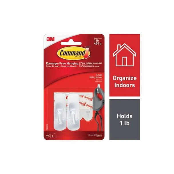 Command Utility Hook,White,Plastic,5/8 in D,2/Pack 17002ES Pack of 6