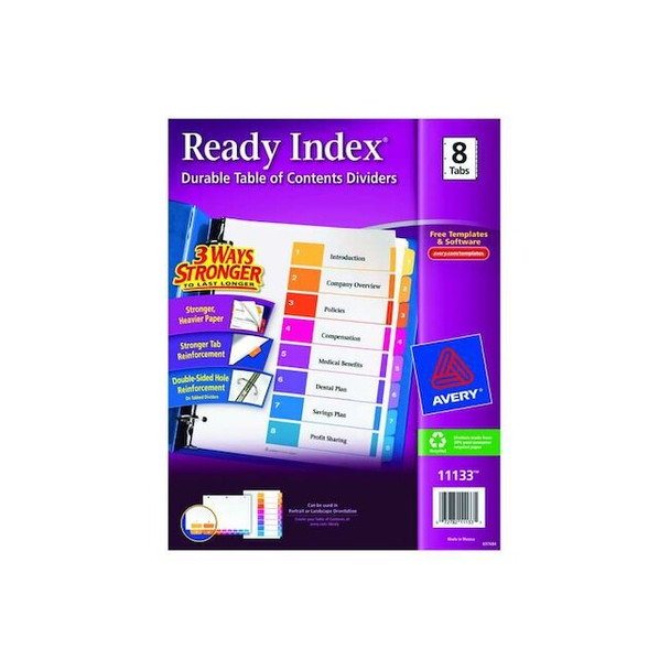 Avery Ready Index Table of Contents Dividers 11133, 8-Tab Set Pack of 36