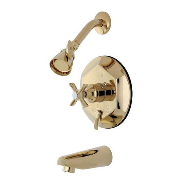 Tub and Shower Faucet, Standard, 3, Wall Mount, Polished Brass