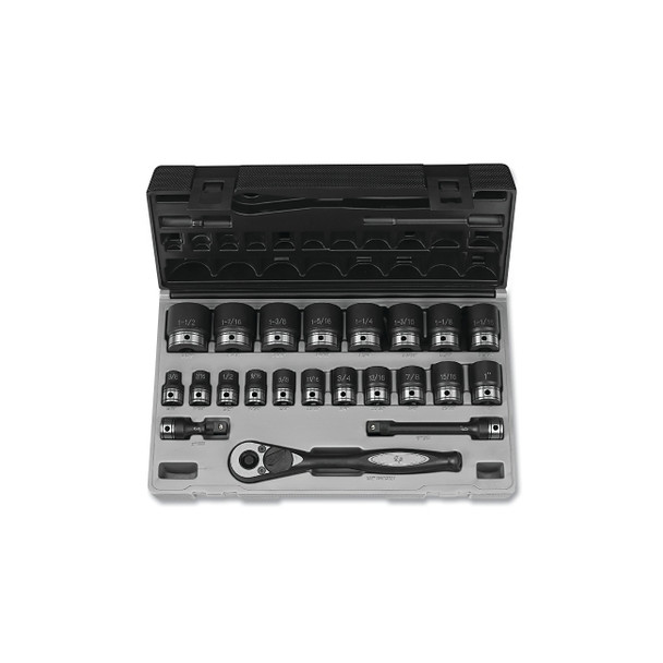 Duo-Socket® Impact Socket Set, 1/2 in Dr, 12 -pt, Std, Incl (19) SAE SKTs/Ratchet/Exts/Case, 22 Pc
