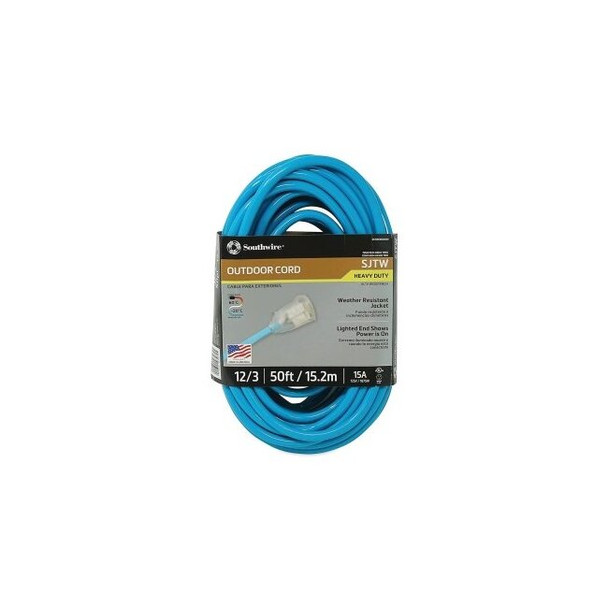 Extension Cord with Power Light Indicator, SJTW, 50 ft, 1 Outlet, Cool Green