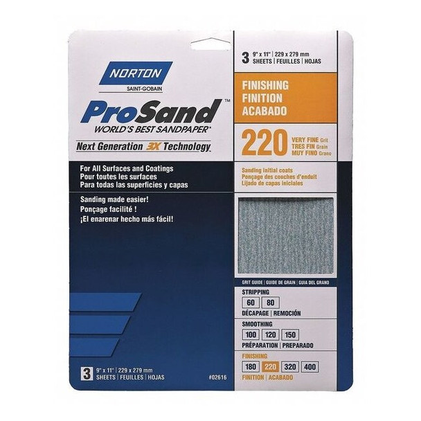 Norton Abrasives Sandpaper Sheet,Very Fine,220 Grit,PK3 07660768158