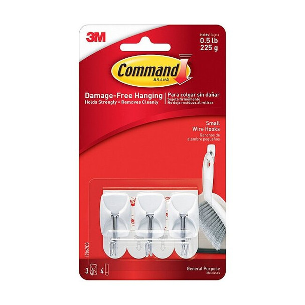 Command Hook Set, White, Plastic, 7/8 in D, PK3 17067