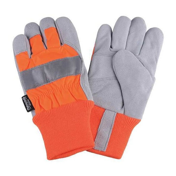 Leather Gloves, Cowhide, Knit Cuff, Wing Thumb, Full Finger, Orange, M, 1 PR