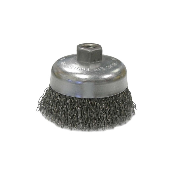 Crimped Wire Cup Brushes, 4 in Dia., 0.02 in Carbon Steel Wire