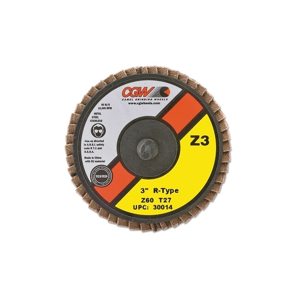 Flap Discs, Mini, Zirconia, Quick Change, Type R, 3 in, 60 Grit, 18,000 rpm Pack of 10