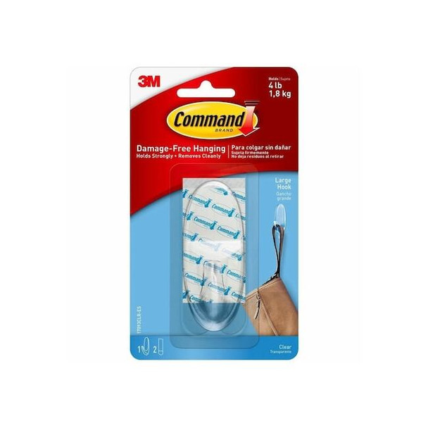 Command Hook, Clear, Plastic, 1 in D, 3 in H 17093CLR-ES Pack of 36