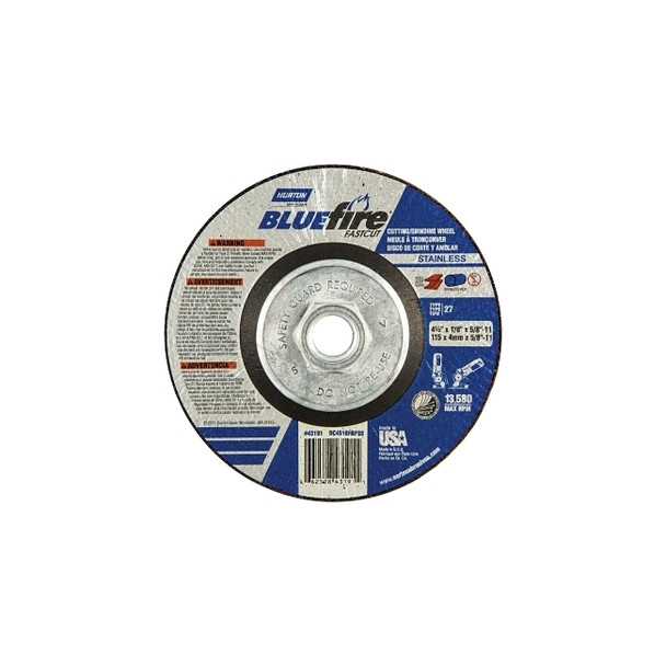Blue Fire Grinding/Cutting Wheels, Zirconia Alumina, 4.5" Dia, 5/8"Arbor, 24Grit